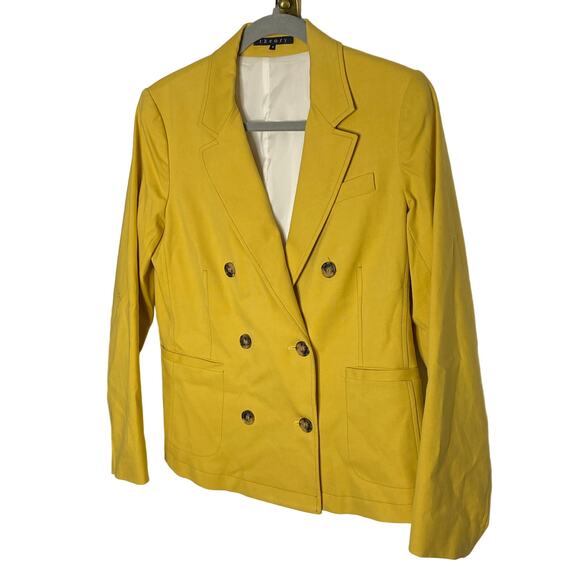 Theory Double Breasted Blazer Jacket Career Tortoise Button Cotton Mustard Sz 8 - Picture 2 of 8